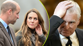 Na zdjęciu rozmowa księcia Williama i Kate Middleton, w tle książę Andrzej z gestem wyrażającym niepokój.