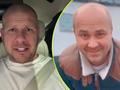Filip Chajzer w samochodzie oraz Adrian Szymaniak ze „Ślubu od pierwszego wejrzenia” na zewnątrz, obaj z uśmiechami i odmiennym stylem.