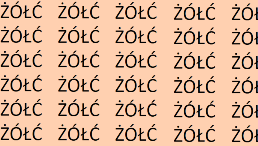 Optyczna łamigłówka IQ. Znajdź błąd wśród słów ŻÓŁĆ w 12 sekund