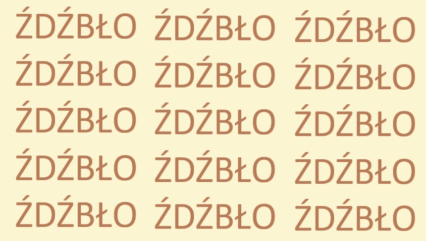 Łamigłówka optyczna IQ. Znajdź błędnie zapisane słowo ŹDŹBŁO