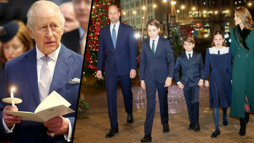 Na zdjęciu król Karol III podczas ceremonii oraz rodzina królewska spacerująca w świątecznym otoczeniu.