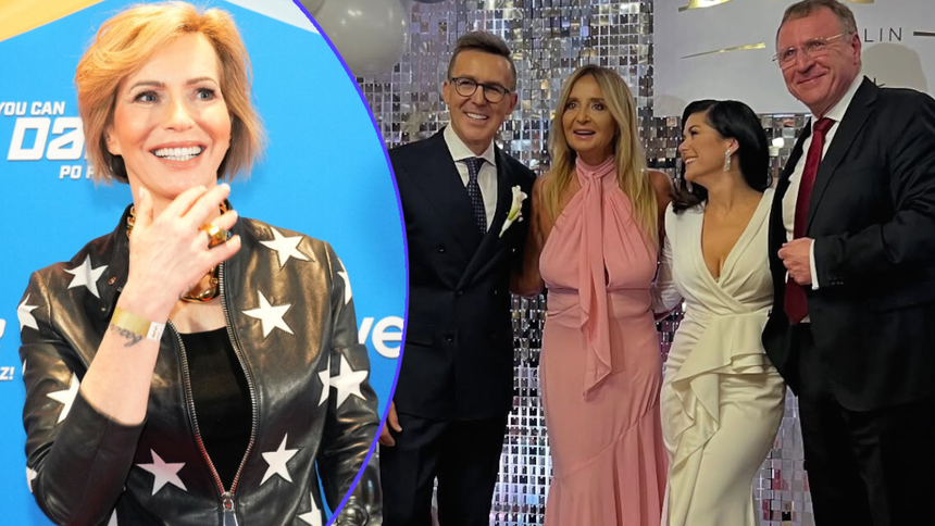 Na zdjęciu Paulina Smaszcz, Katarzyna Cichopek i Maciej Kurzajewski oraz Joanna Kurska i Jacek Kurski na eleganckim przyjęciu, w tle błyszczące dekoracje.