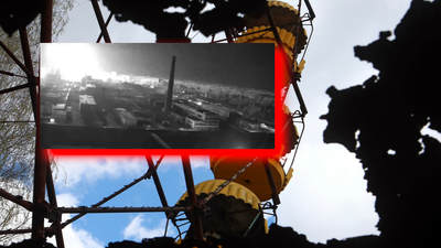 Czarnobyl, atak drona, uszkodzony sarkofag nad reaktorem