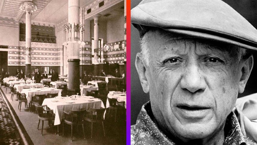 Od lewej: sala jadalna hotelu Bristol 1902 rok, Pablo Picasso