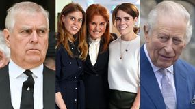 książę Andrzej, księżniczka Beatrice, Sarah Ferguson, księżniczka Eugenie, król Karol III