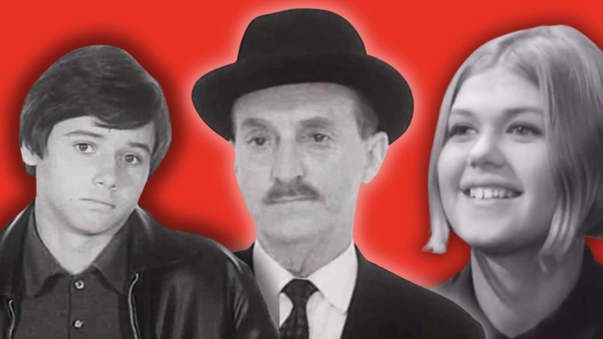 Na zdjęciu trzech ludzi na tle czerwonym: chłopak, mężczyzna w kapeluszu i dziewczyna.