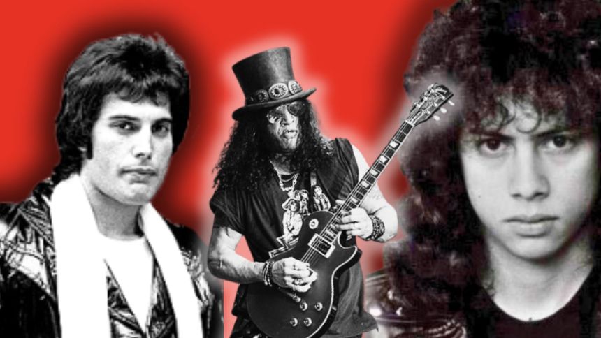 Trzy czarno-białe zdjęcia muzyków rockowych na czerwonym tle.