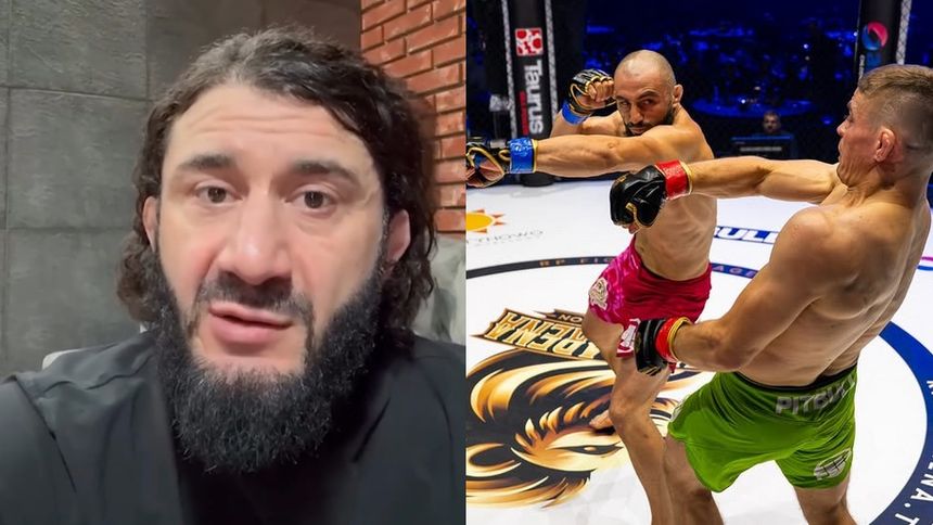 Na zdjęciu Mamed Khalidov mówi do kamery, obok walka MMA dwóch zawodników w ringu.