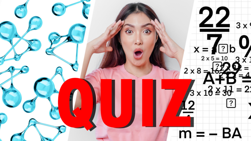 Modele chemiczne, zdziwiona kobieta, wzory matematyczne - materiał poglądowy