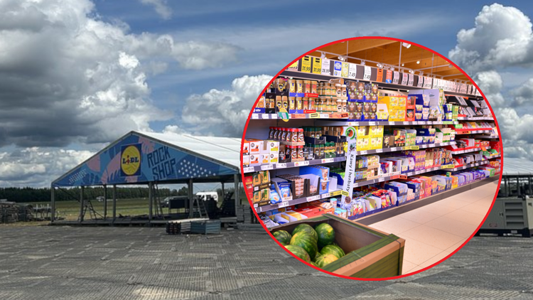 Rockowa Wyspa Lidla na Pol'and'Rock Festival podczas budowy, wnętrze sklepu Lidl