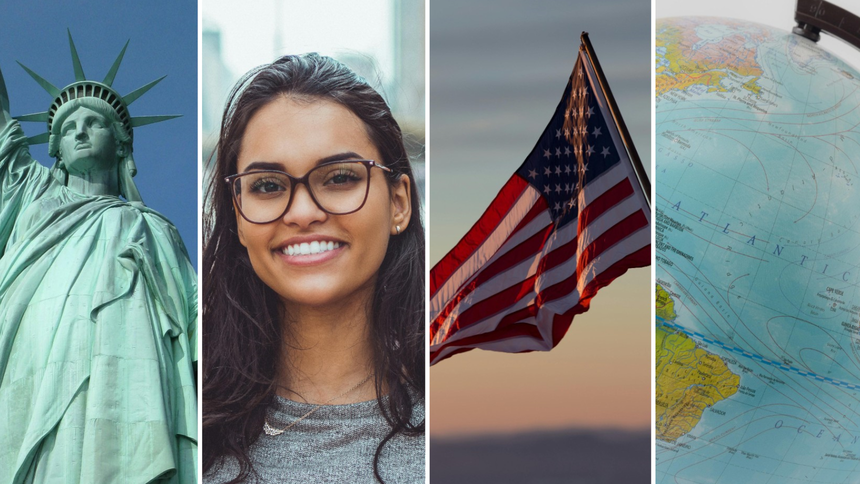 Statua Wolności, uśmiechnięta młoda kobieta, flaga USA, globus