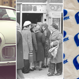 Samochód Syrena, kolejka ludzi przed sklepem w PRL, Logo Pewexu na torbie foliowej