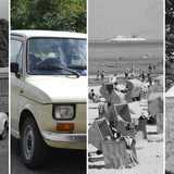 Samochody z przyczepami kempingowymi, Fiat 126p, ludzie na plaży, namiot w PRL-u