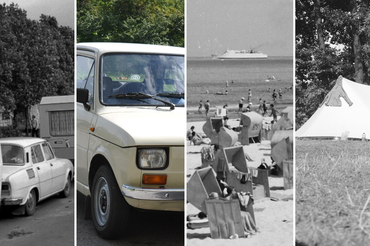 Samochody z przyczepami kempingowymi, Fiat 126p, ludzie na plaży, namiot w PRL-u