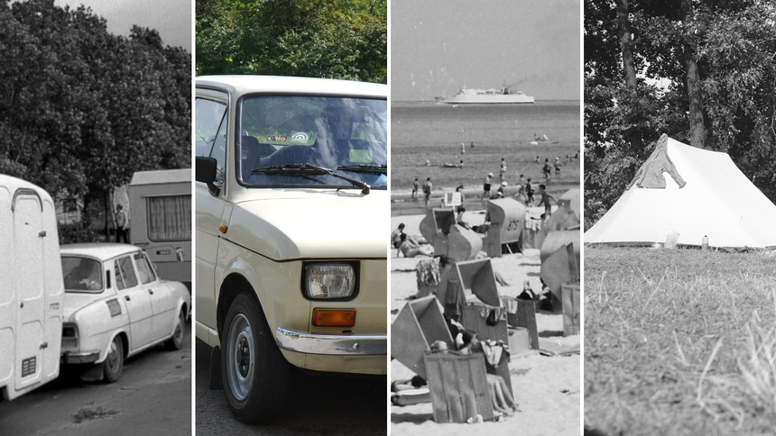 Samochody z przyczepami kempingowymi, Fiat 126p, ludzie na plaży, namiot w PRL-u