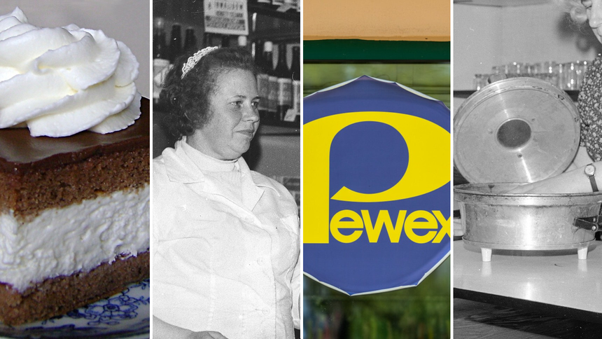 Wuzetka, ekspedientka w sklepie, logo i napis Pewex, prodiż