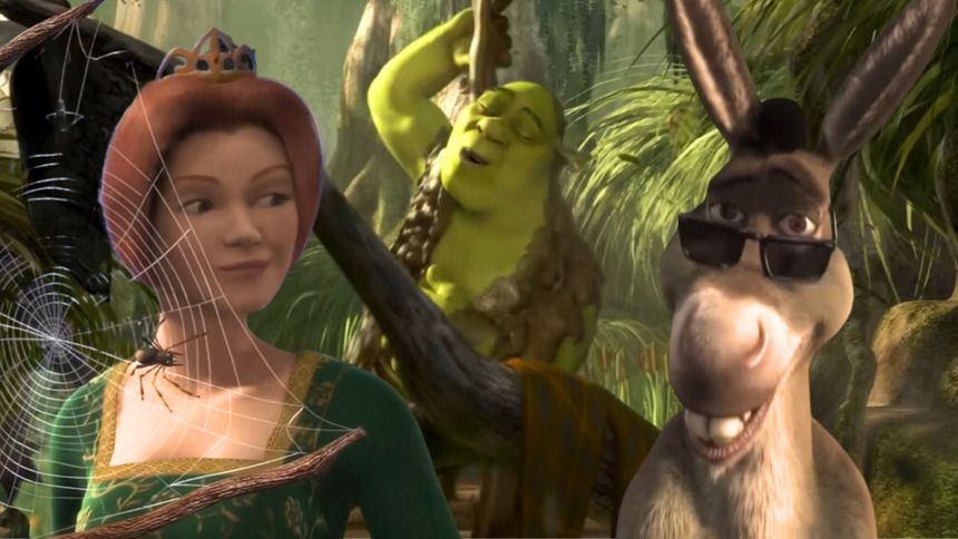 Trzej animowani bohaterowie w lesie: Shrek, Fiona z koroną i osioł w okularach przeciwsłonecznych