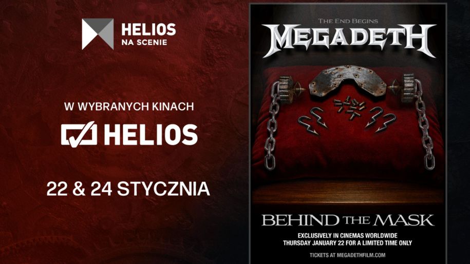 Plakat filmowy zespołu Megadeth z datami wyświetlania w kinach Helios