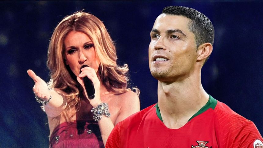 Na zdjęciu Celine Dion śpiewa, obok Cristiano Ronaldo w piłkarskim stroju