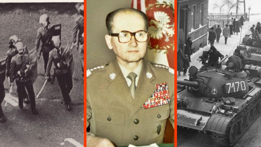 Na zdjęciach: generał Wojciech Jaruzelski w mundurze wojskowym, mundurowi i czołgi.
