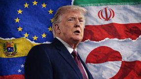 Prezydent USA Donald Trump. Flaga UE. Flaga Iranu. Flaga Wenezueli. Flaga Grenlandii