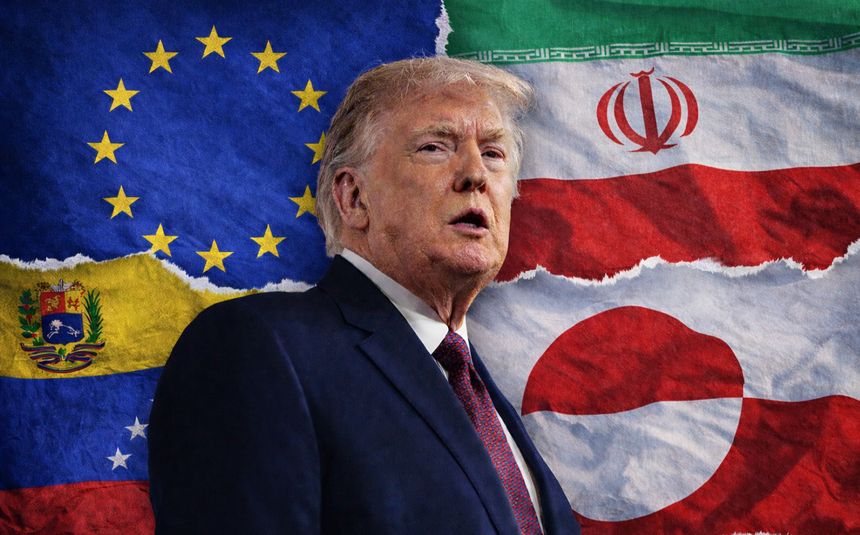 Prezydent USA Donald Trump. Flaga UE. Flaga Iranu. Flaga Wenezueli. Flaga Grenlandii