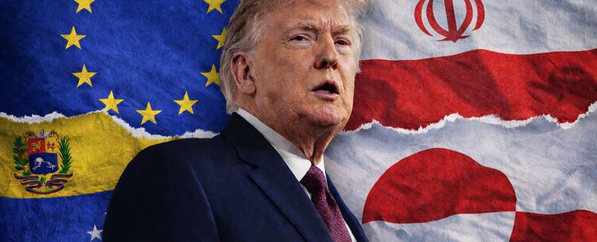 Prezydent USA Donald Trump. Flaga UE. Flaga Iranu. Flaga Wenezueli. Flaga Grenlandii