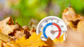 Termometr pokazuje wysoką temperaturę jesienią
