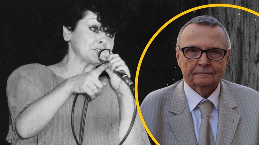 Na zdjęciu kobieta śpiewająca w mikrofon oraz starszy mężczyzna w okularach