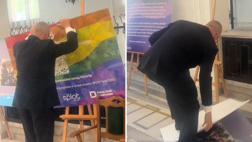 Europoseł Grzegorz Braun niszczy wystawę poświęconą społeczności LGBTQ+