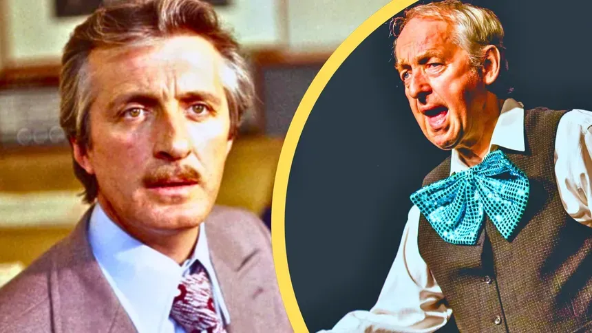 Na zdjęciu mężczyzna w garniturze oraz inny w kostiumie z dużą muszką, z różnymi wyrazami twarzy