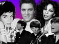 Kolaż znanych artystów, w tym Elvis Presley, John Lennon i Donna Summer, na kolorowym tle