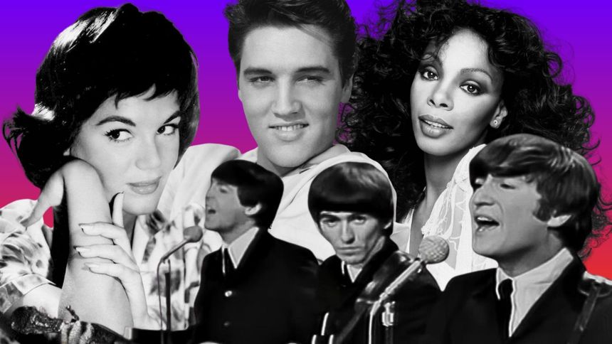 Kolaż znanych artystów, w tym Elvis Presley, John Lennon i Donna Summer, na kolorowym tle
