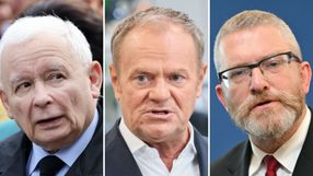 Prezes PiS Jarosław Kaczyński. Premier Donald Tusk. Lider Konfederacji Sławomir Mentzen