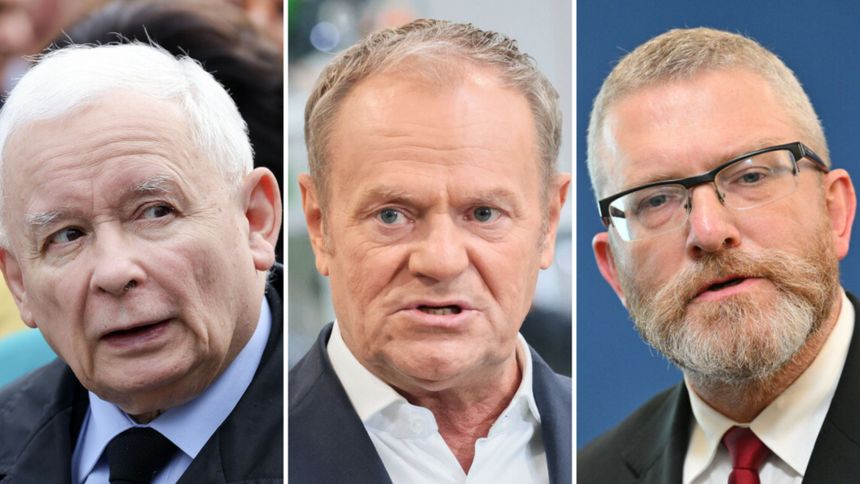 Prezes PiS Jarosław Kaczyński. Premier Donald Tusk. Lider Konfederacji Sławomir Mentzen