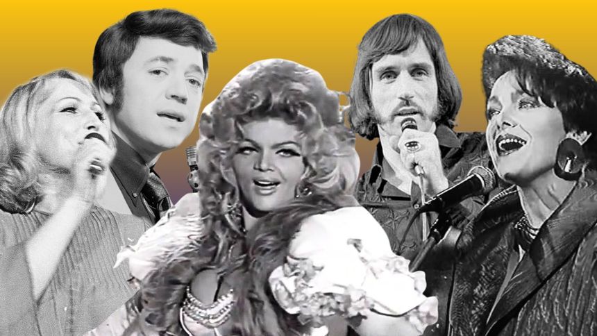 Na zdjęciu postacie w różnych stylach muzycznych, na tle gradientu w kolorze żółtym