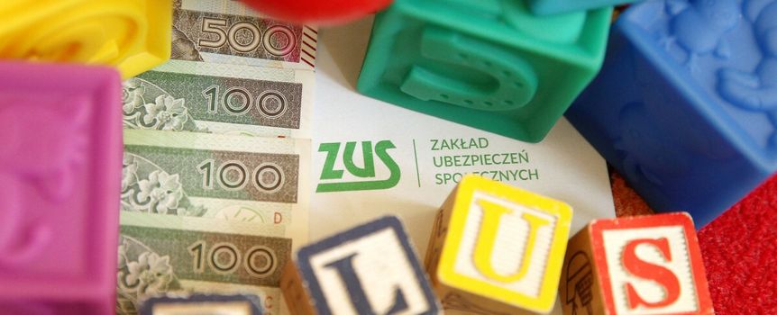 pieniądze, logo ZUS i napis "plus" z klocków