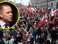 Marsz z okazji 1000-lecia Królestwa Polskiego i 500-lecia hołdu pruskiego w Warszawie, 12 kwietnia 2025 r. Popierany przez PiS kandydat na prezydenta Karol Nawrocki