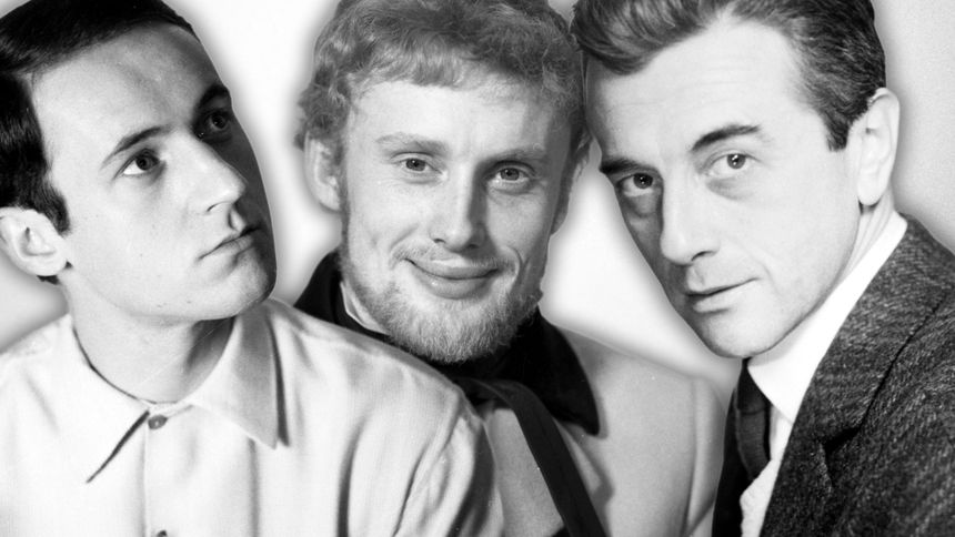 Na zdjęciu trzech mężczyzn w eleganckich strojach, portret w czerni i bieli.