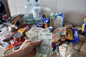 pieniądze w portfelu na tle zakupów