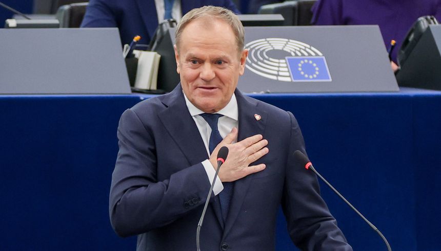Premier Polski Donald Tusk przemawia w Strasburgu, 22 stycznia 2025 r.