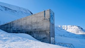 Svalbard Global Seed Vault jest wydrążony w górze na wyspie w archipelagu Svalbard