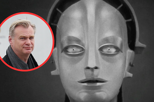 Christopher Nolan oraz kadr z filmu "Metropolis"