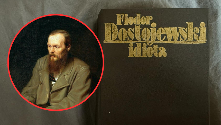 Fiodor Dostojewski portret i okładka książki "Idiota"