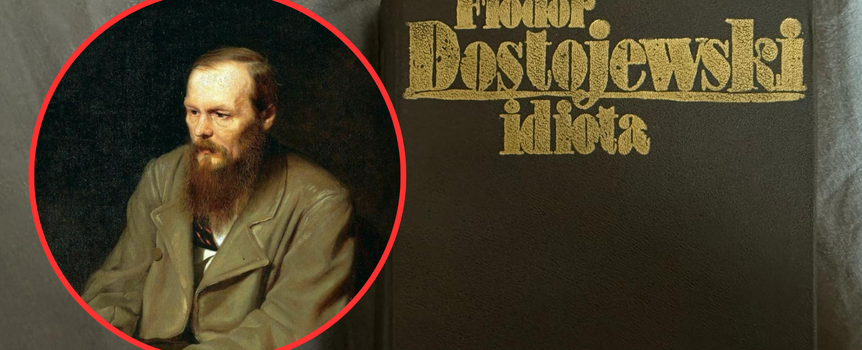Fiodor Dostojewski portret i okładka książki "Idiota"