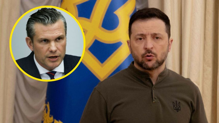 Prezydent Ukrainy Wołodymyr Zełenski. Sekretarz obrony USA Pete Hegseth