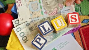 800 zł, koperta z logo ZUS i napis "plus" z klocków