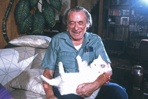 Charles Bukowski z kotem na kolanach