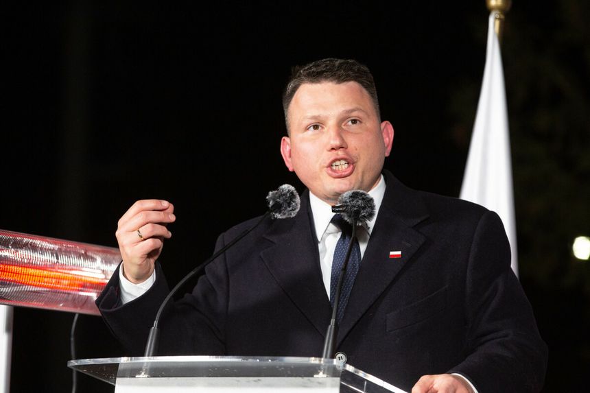Sławomir Mentzen na wiecu przedwyborczym w Zambrowie, 22 lutego 2025 r.