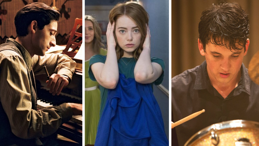Kadr z filmu "Pianista", kadr z filmu "La la Land", kadr z filmu "Whiplash"